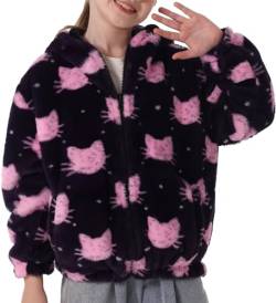 Kinder Mädchen Fleece Hoodie Zip Up Bedruckte Jacke Tops Warm Fuzzy Sweatshirt Winter Soft Casual Jumper Coat Cute Cartoon Unisex Pullover Schwarz Rosa Katze 7-12 Jahre von Panegy