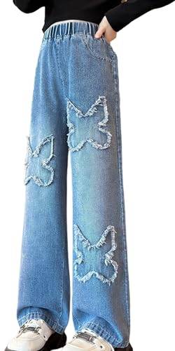 Kinder Mädchen Ripped Jeans Relaxed Fit Wide Leg Distressed Denim Pants Elastic Waist Loose Straight Bootcut Embroidered Trousers Jeggings 10-11 Jahre von Panegy