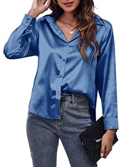 Langarmhemden für Damen, geknöpfte Oberteile, Satin, Feste Hemden, lässige, Schlichte Bluse für die Dame, glänzendes seidenähnliches Hemd, Büro, Arbeit, Party, Blau, XXL von Panegy