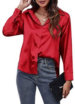 Langarmshirts für Damen V-Ausschnitt Hemden Satin Revers Hemden Frontknopf Blusen für die Dame Seidenähnliches Hemd für Büroarbeit Business Hochzeit Party Rot XL von Panegy