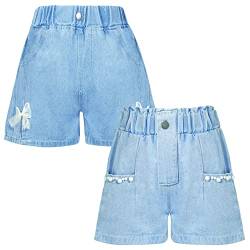 Mädchen Shorts Casual Stretch Denim Shorts Sommer Mid Waisted Jeans Short Elastischer Bund Weite Shorts mit Tasche 2er Pack 12-13 Jahre von Panegy