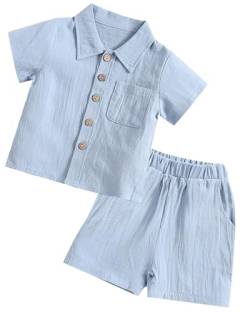 Panegy 2 Stück Baby Boys Clothes Set Toddler Button Down Top Shorts Sets Casual Short Sleeve T-Shirt Shorts Outfit Kinder Sommer Shirts Shorts Blau 6-12 Monate von Panegy