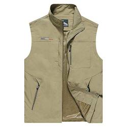 Panegy Camping Vest Multi-Taschen Jacke Jagd Angeln Wandern Herren Outdoor Weste Funktionsweste mit Stehkragen Khaki - Hersteller XL/EU-Größe 46-48 von Panegy