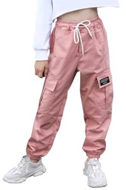 Panegy Cargo-Hose für Mädchen Elastische Taille Baumwoll-Baggy-Hose mit Mehreren Taschen Verstellbarer Kordelzug Fallschirm-Jogger Streetwear Rosa 9-10 Jahre von Panegy