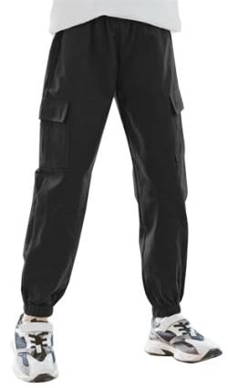 Panegy Cargo-Hose für Mädchen Elastische Taille Baumwoll-Baggy-Hose mit Mehreren Taschen Verstellbarer Kordelzug Fallschirm-Jogger Streetwear Schwarz 9-10 Jahre von Panegy