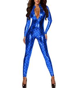 Panegy Damen Catsuit mit Allover Fischschuppe Muster Jumpsuit aus Lackleder Reizvoll Blau Größe L von Panegy