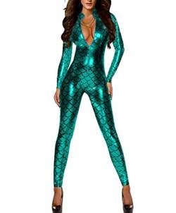 Panegy Damen Catsuit mit Allover Fischschuppe Muster Jumpsuit aus Lackleder Reizvoll Grün Größe L von Panegy