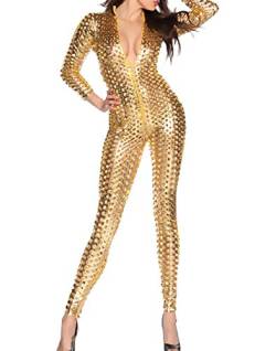 Panegy Damen Catsuit mit Loch-Struktur aus Lackleder Reizvoll und Sexy Jumpsuit mit Reißverschluss - Gold Größe M von Panegy