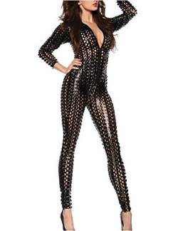 Panegy Damen Catsuit mit Loch-Struktur aus Lackleder Reizvoll und Sexy Jumpsuit mit Reißverschluss - Schwarz Größe M von Panegy