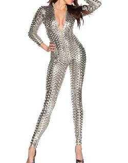 Panegy Damen Catsuit mit Loch-Struktur aus Lackleder Reizvoll und Sexy Jumpsuit mit Reißverschluss - Silber Größe M von Panegy