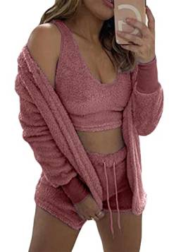 Panegy Damen Fuzzy-Fleece-Pyjama-Set, Nachtwäsche, Pyjama-Set, leicht, warm, weich, Bauchfreies Top, Shorts-Set, Größe L, Rosa von Panegy