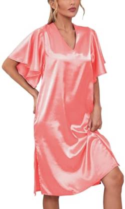 Panegy Damen-Nachthemd aus Satin und Seide, kurzärmelig, Nachtwäsche, V-Ausschnitt, lockeres Schlafshirt, Nachthemd, Rosa, Größe XL von Panegy