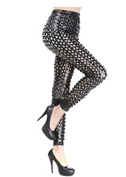 Panegy Damen Sexy Elastische Leggings Strumpfhosen Imitation Leder -Fischschuppe Loch Schwarz von Panegy