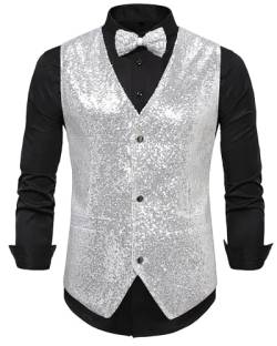 Panegy Herren Ärmellos Jacke mit Pailletten Weste mit Fliege Set Festival Karneval Disco Shiny Vest Herstellergröße M/DE Größe S-B-Silber von Panegy