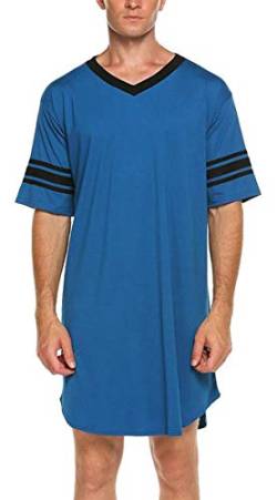 Panegy Herren Kurzarm T-Shirt Pyjama Sommer Baumwolle Nachthemd Einteiliger V-Ausschnitt Schlafanzug Knielang Schlafkleid von Panegy