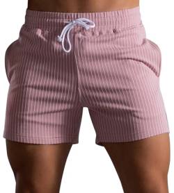 Panegy Herren Laufshorts Baumwolle Jogging Shorts Slim Fit Sweatshorts Männer Hose Kurz Gestreift Rosa Größe L von Panegy