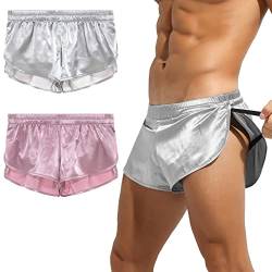 Panegy Herren Satin Boxershorts mit großen geteilten Seiten Casual Lounge Athletic Shorts, Pink + Silber, Medium von Panegy