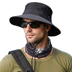 Panegy Herren Sonnenhut Sommer Hut mit Kinnband und breiter Krempe Outdoor UV-Schutz Buschhut Leichtgewicht Faltbar Wanderhut - Schwarz von Panegy