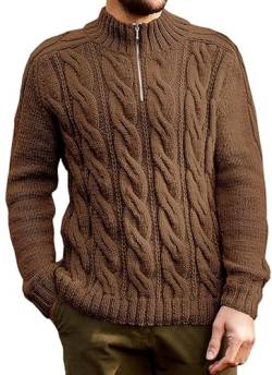Panegy Herren Strickpullover Pullover Cable Chunky Ribbed High Neck Knitwear Elegant Plaid Basic Tops Fleece Warm Ribbed Sweatshirt Winter Braun von Panegy