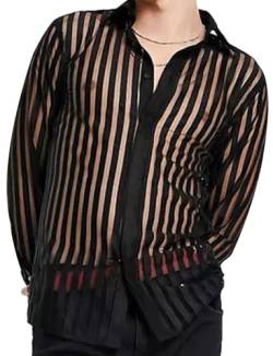 Panegy Herren Transparent Top Langarm Netzunterhemd Spitze Bluse Mesh Reizwäsche Slim Shirts Clubwear Hersteller L/EU Größe M-Schwarz 1 von Panegy