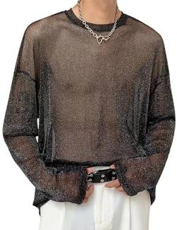 Panegy Herren Transparent Top Langarm Netzunterhemd Spitze Bluse Mesh Reizwäsche Slim Shirts Clubwear Hersteller M/EU Größe XS-Schwarz 3 von Panegy