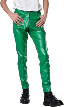 Panegy Herren Wet Look Hosen Biker Casual Bleistift Hosen Biker Stretch Strumpfhosen Slim Fit Gerade Bein Glänzende Hosen Kunstleder Elastische Lange Hosen Grün von Panegy