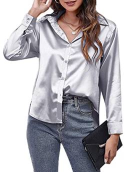 Panegy Langarm-Blusen Satin-Hemden für Damen Tops V-Ausschnitt Revers-Hemden Seidenartiges lockeres Hemd für Frauen Vorderes Knopf-Oberteil für Büroarbeit Business Wear Silber XL von Panegy