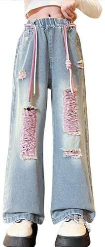 Panegy Mädchen Jeans Bootcut Ripped Retro Denim Hose Lose Distresses Löcher Stretchy Jeans mit Kordelzug Elastische Taille Weites Bein Baggy Hose Blau 8-9 Jahre von Panegy