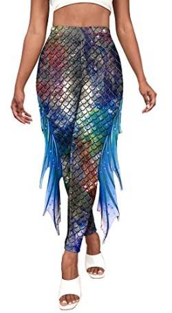 Panegy Meerjungfrau Leggings für Frauen Meerjungfrau Kostüm Fischskala Leggings hohe Taille Mermaid Heckhosen in voller Länge Leggings Halloween Workouthosen von Panegy