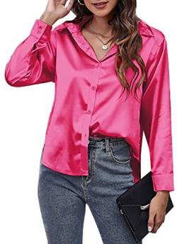Satin-Hemden für die Dame, Langarm-Bluse, V-Ausschnitt, Revers, Seidenartige Hemden für Damen, Frontknopf, Oberteile für die Arbeit, Business, Hochzeit, Abend, Party, Pink XXL von Panegy