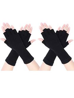 2 Paar Unisex Fingerlose Handschuhe Half Finger Dehnbar Strick Handschuhe Verlängern Handgelenk Handschuhe Winter Warme Handschuhe (Schwarz) von Pangda