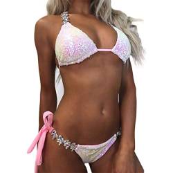 Damen Trikini Set Pailletten Triangel BH Tops Spaghetti Träger und Bikinislip Frauen Strandmode Bikini Sommer Swimsuit Bademode Badeanzug mit Strass Schwimmanzug (M, rosa A) von PanpanBox