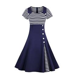 PanpanBox Damen Cocktailkleid Gestreift Sommerkleid Retro Freizeitkleid Kurzarm Karree Ausschnitt Casualkleid Frauen Büro Kleid (M, Blau) von PanpanBox