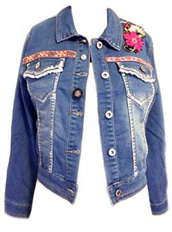 PantoffelDIVA , Schürzenliesl Trachten Jeans Jacke, Janker, blau pink mit coolen Trachten Applikationen Nicht nur zum Dirndl und Oktoberfest (XL) von PantoffelDIVA , Schürzenliesl