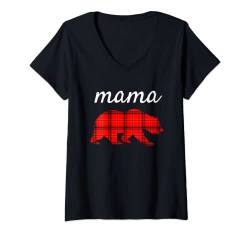 Damen Mama Bear Papa Bear Baby Bear Tee- Christmas Mama Bear Plaid T-Shirt mit V-Ausschnitt von Papa Bear Mama Bear Matching Family Christmas Pjs