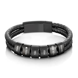 Papasplatz – Herren Lederarmband mit Gravur – geflochtenes Echtleder Armband mit gravierten schwarzen Edelstahl-Beads für Name & Datum – personalisierte Geschenke für Männer (22cm) von Papasplatz