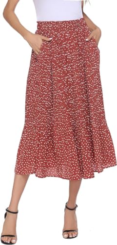 Parabler Damen Hohe Taille Röcke Retro Maxirock Polka Dot Rock Lang Herbst und Winter Elegant Faltenrock mit Tasche Rot-1 M von Parabler