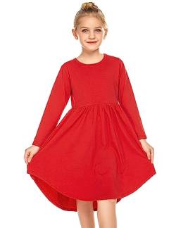 Parabler Mädchen Kleid Langarm A-Linie Prinzessinkleid T-Shirt Kleid Party Kleider Casual Herbst Winter Kinder Kleid mit Unregelmäßiger Saum Rot Gr.150/12-13 Jahre von Parabler