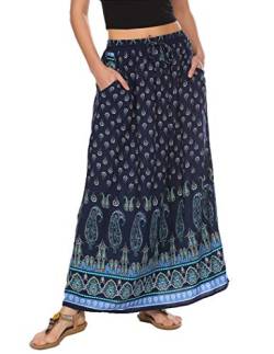 Parabler Rock Damen Maxirock Boho Sommerrock Plissee Langer Faltenrock Strandrock Elastische Taille Tanzrock Maxi Tellerrock M Navy blau von Parabler