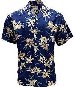 Paradise Found Hawaiihemd Herren - Star Orchid Navy | 100% Rayon, Button Down, Made in Hawaii, Sommer Aloha Strandkleidung, Stern-Orchidee, Marineblau, XL von Paradise Found