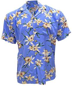 Paradise Found Hawaiihemd Herren - Star Orchid Navy | 100% Rayon, Button Down, Made in Hawaii, Sommer Aloha Strandkleidung, Stern-Orchidee Periwinkle, 2X von Paradise Found