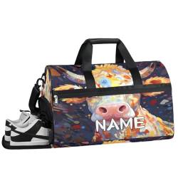 Sporttasche mit Rinderkopf-Graffiti-Tiermotiv, mit Nassfach und Schuhfach, Reisetasche, für Damen und Herren, personalisierbar, für Übernachtung, Wochenende, Strandgepäck, Rinderkopf-Graffiti-Tier, von Pardick