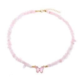 ParfCO Bergkristall Anhänger, Vintage Bohemia Rose Pink Quartzs Perlenhalsband Schmetterling Charm Halskette Handgefertigte Unregelmäßige Halbedelstein Halskette Sommer Strand Halskette für Frauen von ParfCO