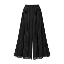 Stoffhose Damen,Damen 7/8 Culottes Chiffon Fließende Hose Mit Weitem Bein Elastische Hohe Taille Faltenhose Rock Baggy Elegante Palazzo-Hose Vintage Verkürzte Freizeithose, Schwarz, 3XL von ParfCO