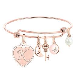 Parima Armband Damen Rosegold, Edelstahl Charm Armband Mädchen Herz mit Gravur K Buchstaben Armreif Damen Schmuck Beste Frreundin Mama Personalisierte Jahretstag Geburtstag Geschenke für Frauen von Parima