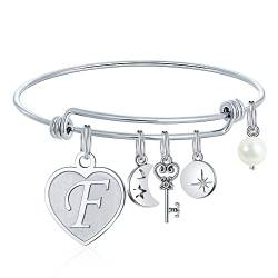 Parima Armband Damen Silber, Charm Armband Mädchen Herz mit Gravur F Buchstaben Armreif Damen Schmuck Mama Mädchen Freundin Geschenk Jugendweihe Dankeschön Geburtstag Geschenke für Frauen von Parima