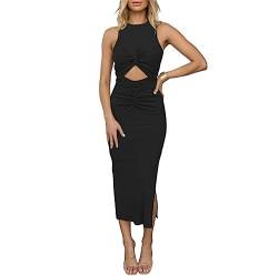 Parkourer Kleid Damen Ärmelloses Rundhals Sommerkleid Cut Out Twist Knot Sexy Bodycon Schlitz Einfarbige Partykleid Damen Ausgeschnittenes Einfarbiges Split Schmal Strick Midikleid Bleistiftkleid von Parkourer