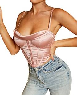 Satin Spaghettiträger Party Crop Top Rave Niedlich Reißverschluss Rücken Outfits Korsett Y2K Mode Bustiers für Frauen, rose, 42 von Parthea