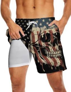 Partrest Amerikanische Flagge Herren Badehose mit Kompressionsfutter USA Flagge Badehose Boardshorts mit Tasche Badeshorts, American Flag Skull, M von Partrest