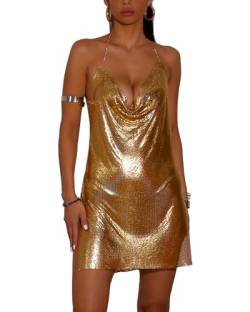 PartyArt Frauen Sexy Metallic Pailletten Minikleid Funkeln Ärmellos Tiefer V Neckholder Rückenfrei Schlitz Mesh Rückenfrei Club Kleid, 014G - Gold, Klein von PartyArt